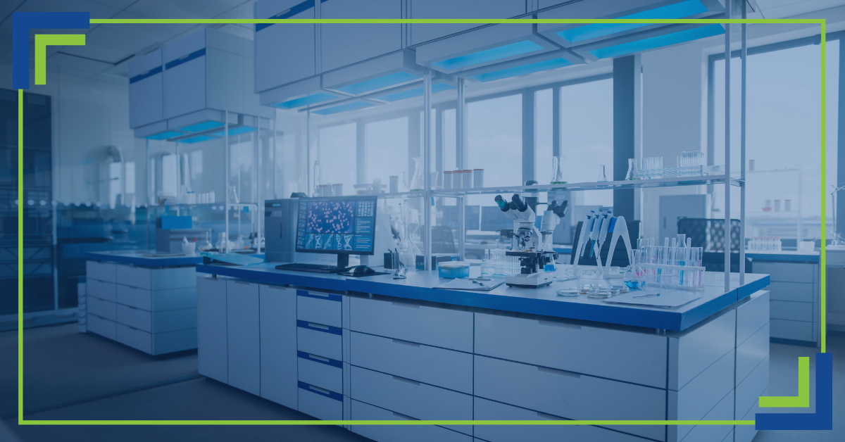 A decorative image of a large lab space with used lab equipment